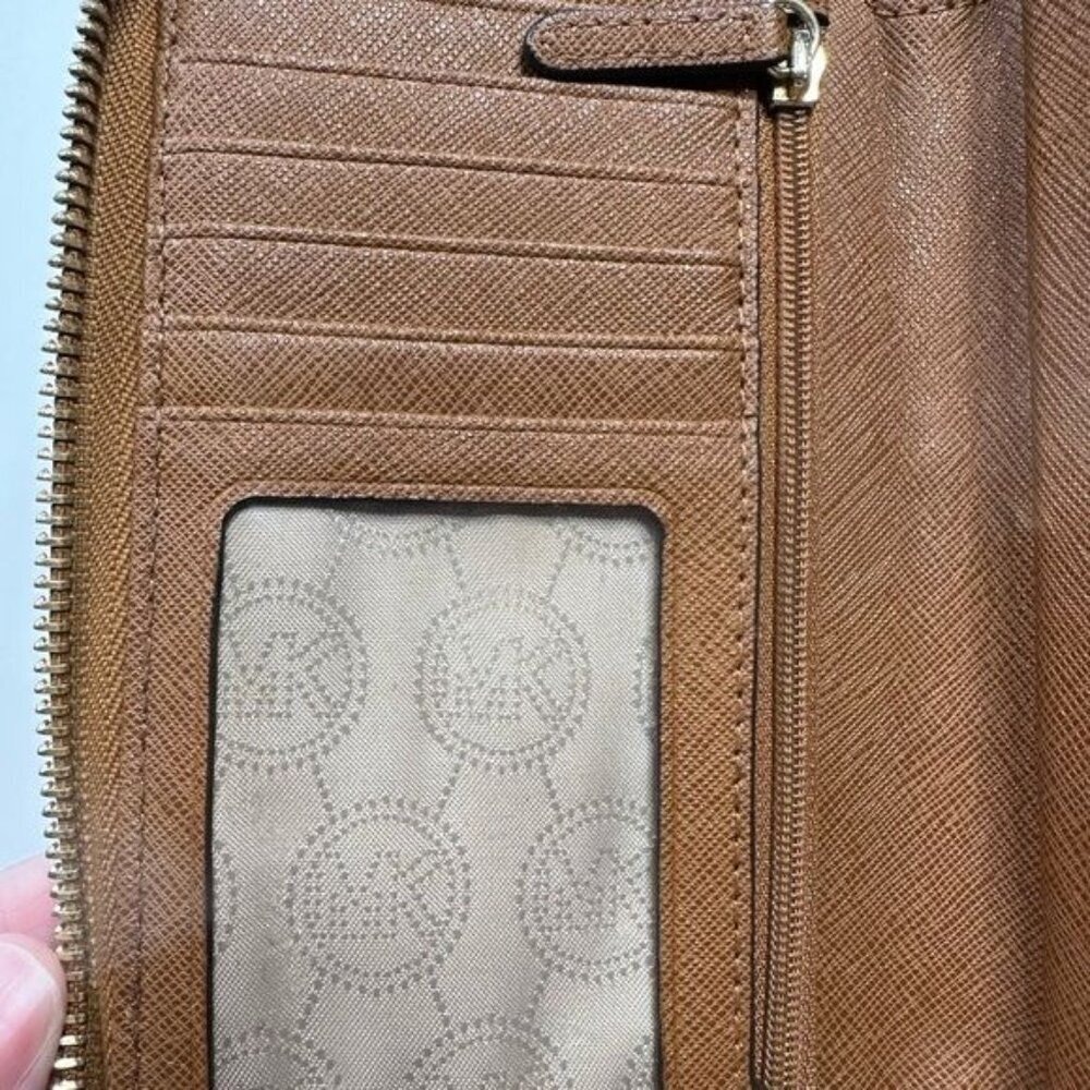 Michael Kors Jet Set Travel Zip Around Wallet brown Saffiano Leather Silver Logo - Picture 5 of 7